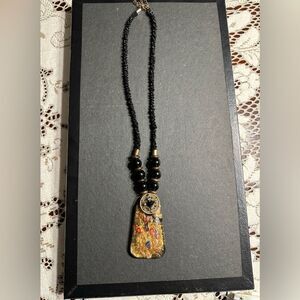 Vintage Unique Statement Necklace Black Seed beads Gold Tone Pendant